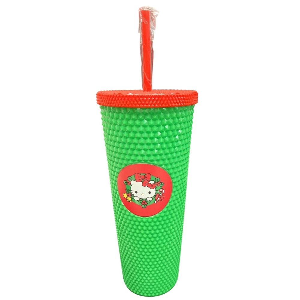 Hello Kitty Holiday Spiked Studded Tumbler Green Red with Straw New 24oz‎